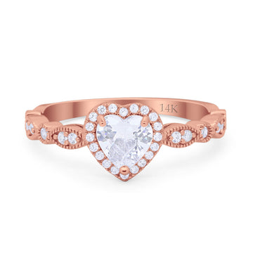 14K Rose Gold Art Deco Heart Promise Wedding Engagement Ring Simulated CZ Size-7